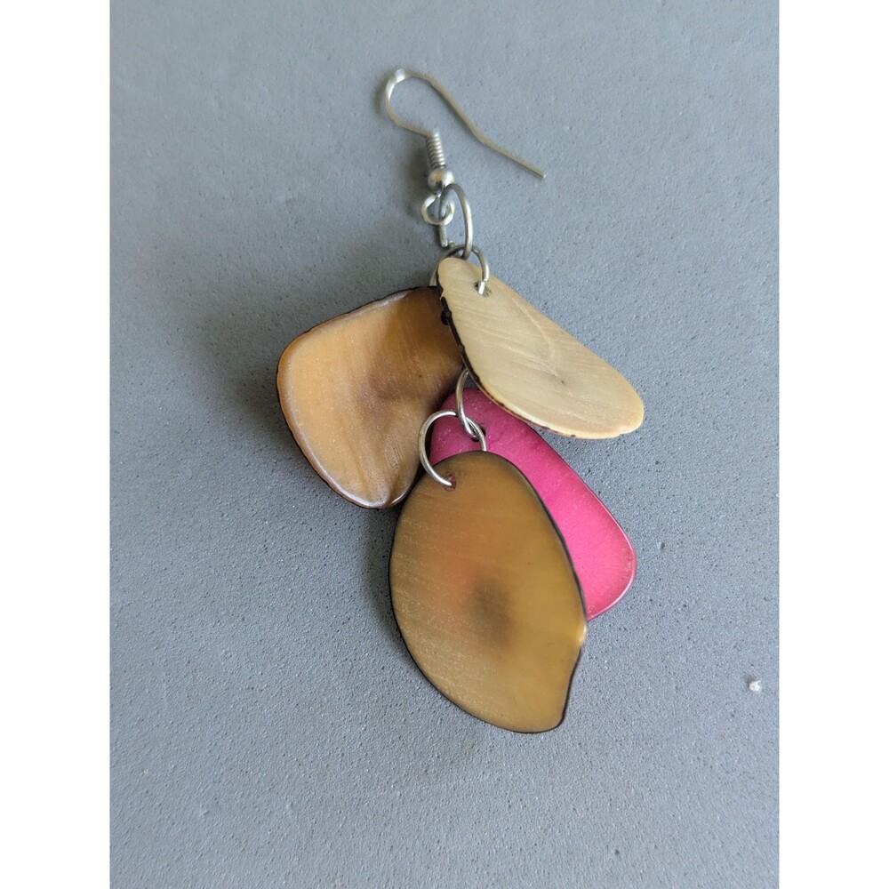 Vintage Pink Natural Tagua Nut Dangle Earrings Organic Boho Statement Jewelry